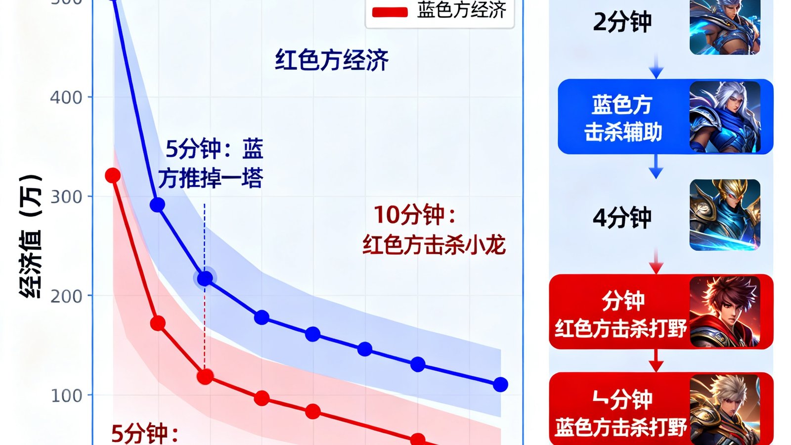 电竞比赛实时经济曲线和击杀事件时间轴